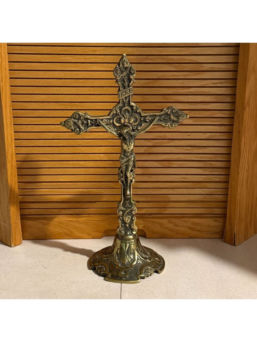 Vintage Cast Brass Crucifix 13" Freestanding Altar Piece Gothic Revival Unmarked